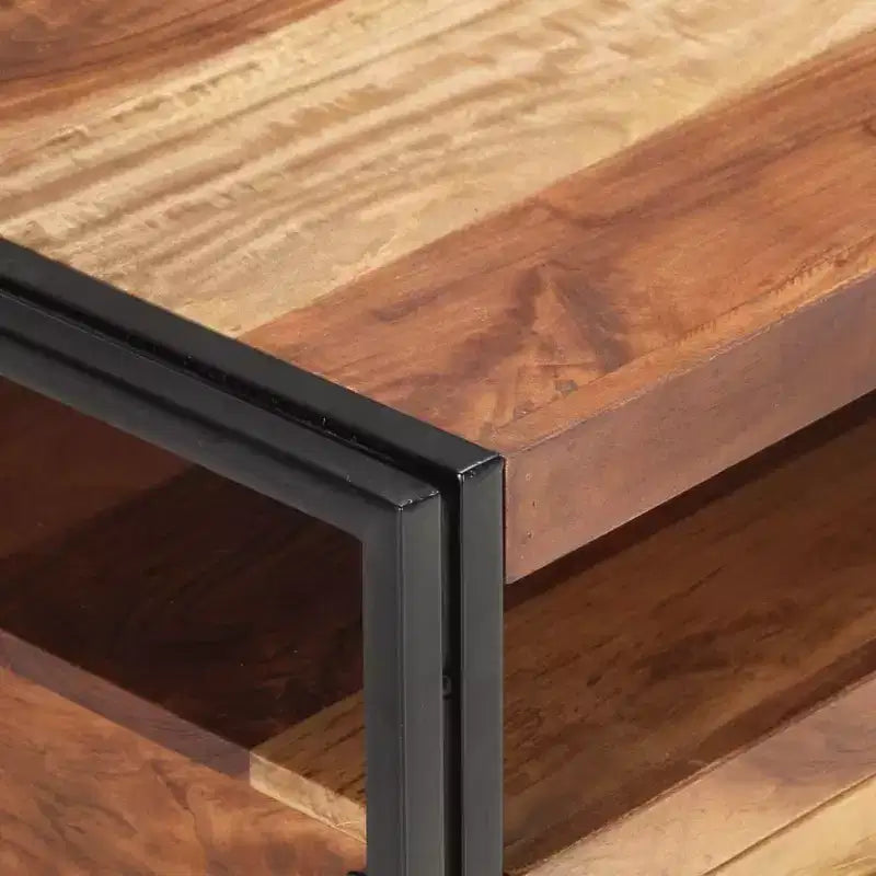 Table basse en bois d'acacia massif marron et noir, acier thermolaqué