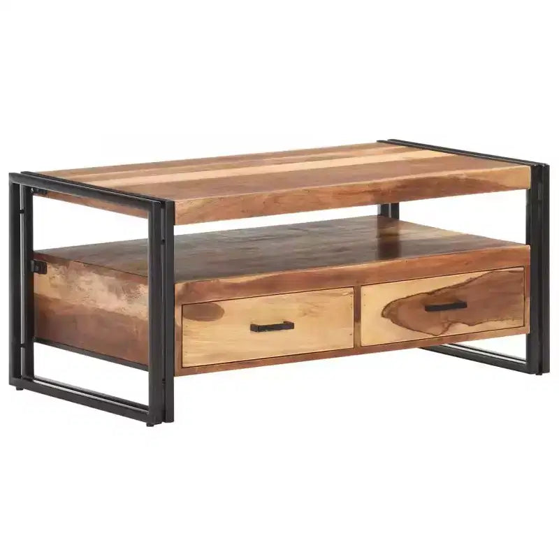 Table basse en bois d'acacia massif marron et noir, acier thermolaqué