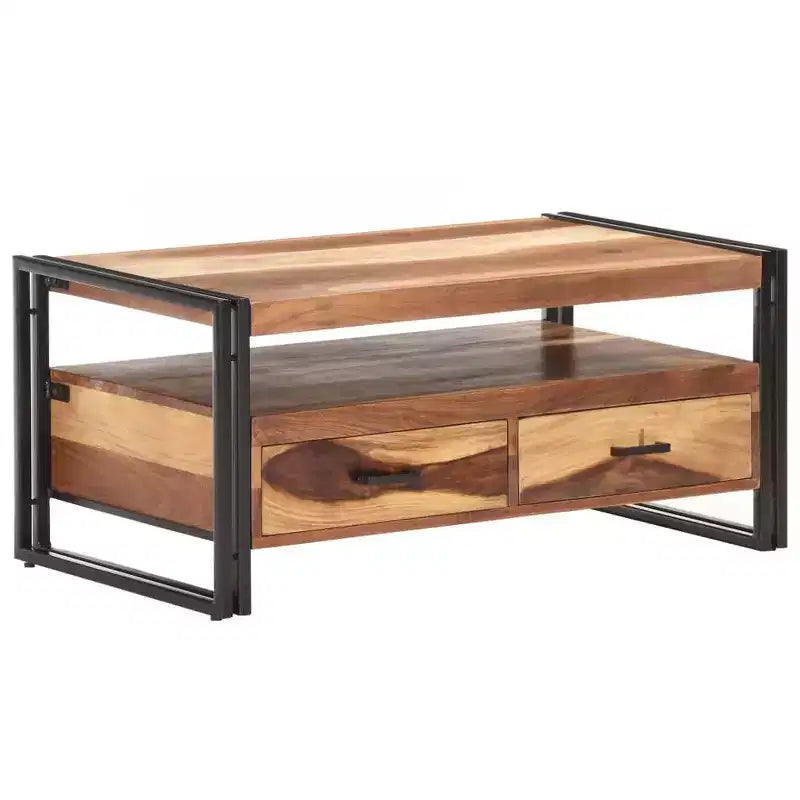 Table basse en bois d'acacia massif marron et noir, acier thermolaqué