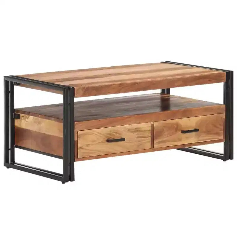 Table basse en bois d'acacia massif marron et noir, acier thermolaqué