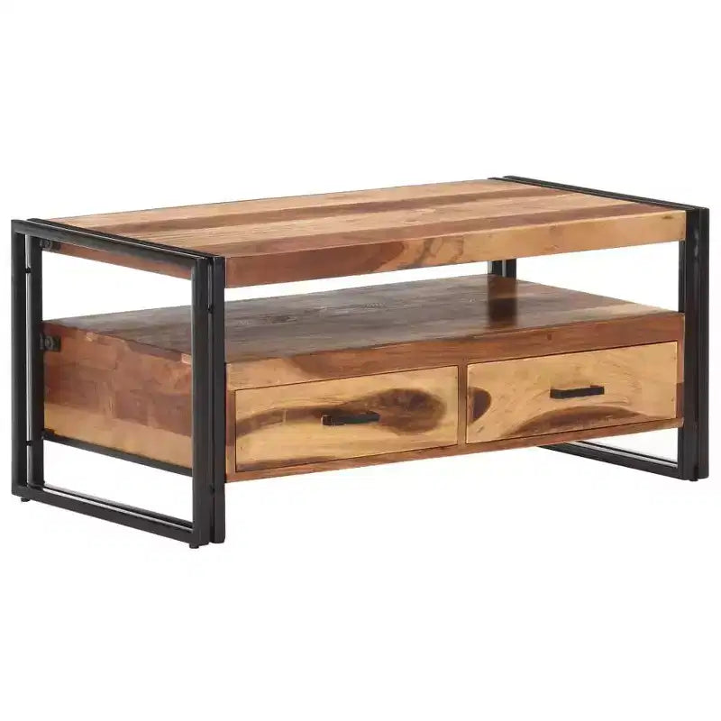 Table basse en bois d'acacia massif marron et noir, acier thermolaqué