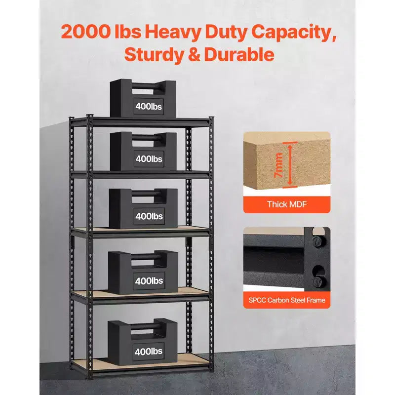 Étagères de rangement, 2000 lbs, rayonnage de garage à 5 niveaux, étagères métalliques réglables 16 Px32 Lx62,8 H pour rayonnages de garage, support utilitaire, Noir