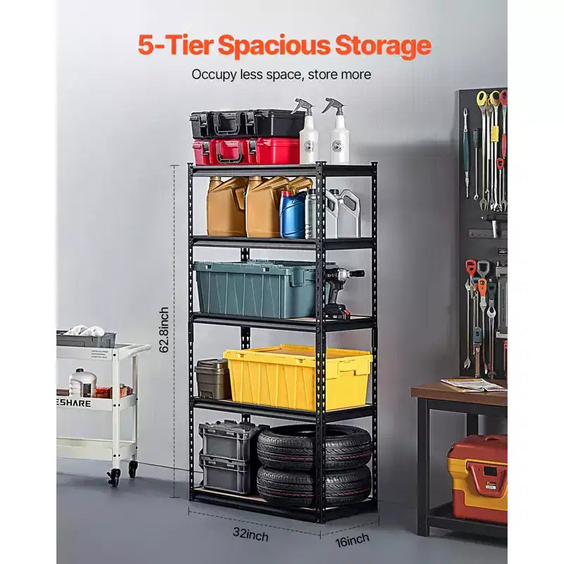Étagères de rangement, 2000 lbs, rayonnage de garage à 5 niveaux, étagères métalliques réglables 16 Px32 Lx62,8 H pour rayonnages de garage, support utilitaire, Noir