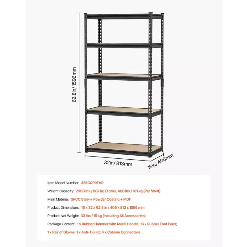 Étagères de rangement, 2000 lbs, rayonnage de garage à 5 niveaux, étagères métalliques réglables 16 Px32 Lx62,8 H pour rayonnages de garage, support utilitaire, Noir