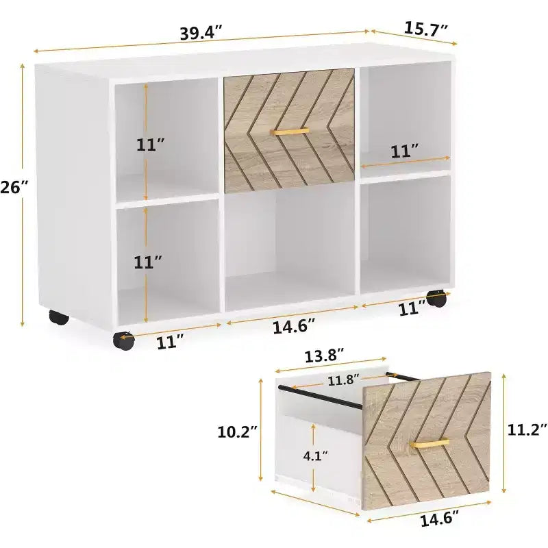 Meuble de rangement 2 tiroirs, Grand classeur latéral mobile pour documents de format Lettre avec support d'imprimante et roulettes pour bureau à domicile, Blanc