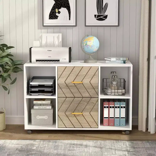 Meuble de rangement 2 tiroirs, Grand classeur latéral mobile pour documents de format Lettre avec support d'imprimante et roulettes pour bureau à domicile, Blanc