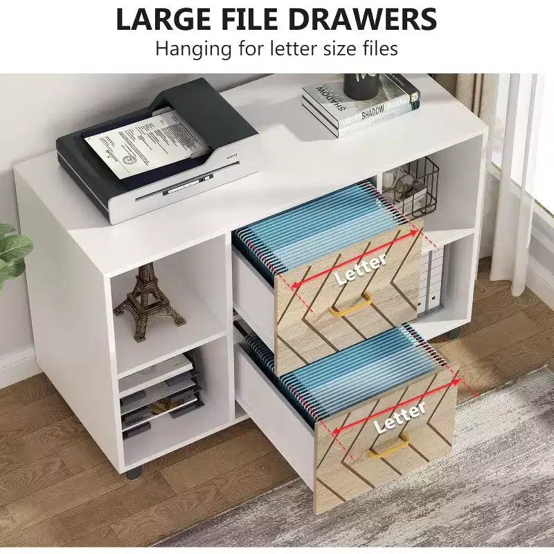 Meuble de rangement 2 tiroirs, Grand classeur latéral mobile pour documents de format Lettre avec support d'imprimante et roulettes pour bureau à domicile, Blanc
