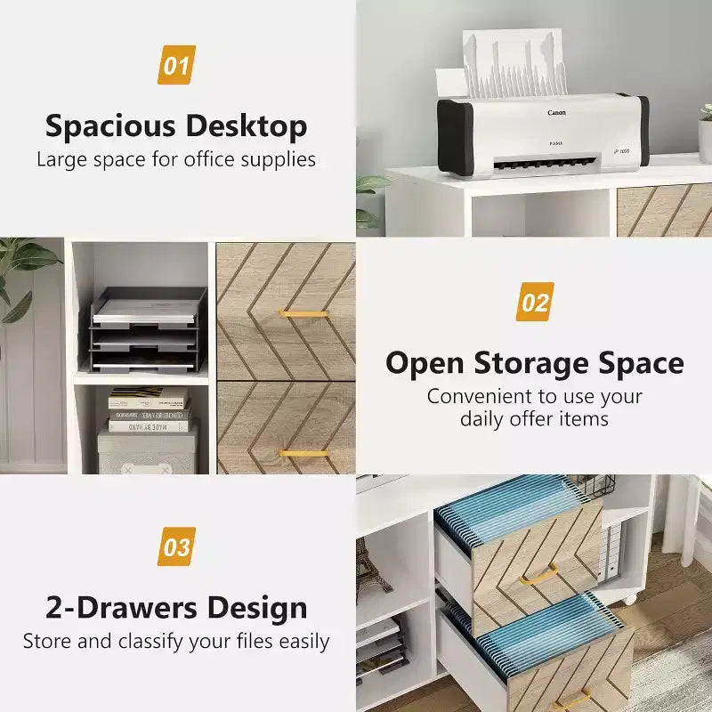 Meuble de rangement 2 tiroirs, Grand classeur latéral mobile pour documents de format Lettre avec support d'imprimante et roulettes pour bureau à domicile, Blanc