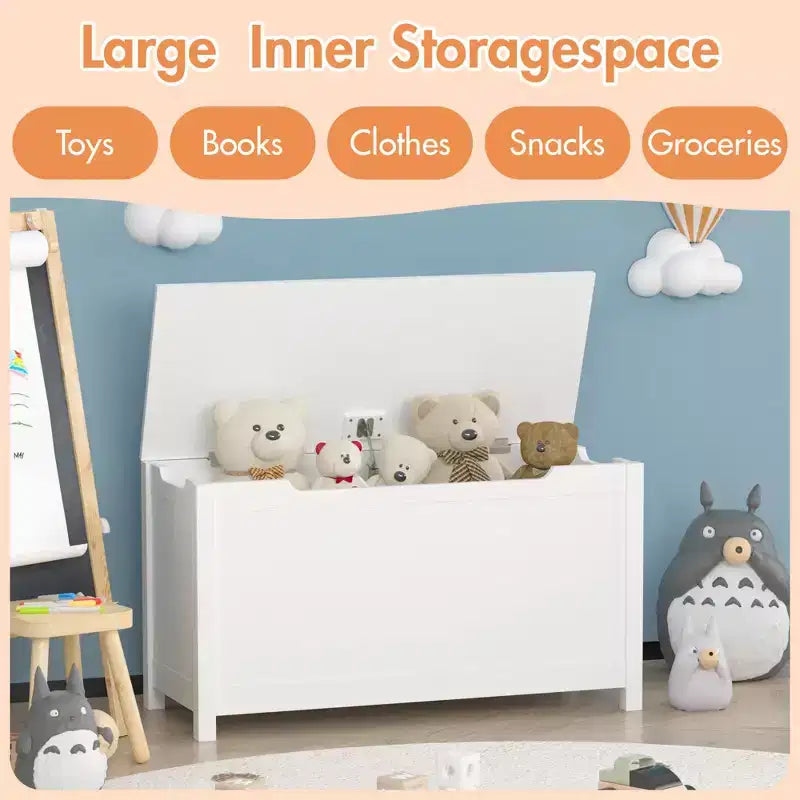 Coffre à jouets en bois pour enfants avec couvercle à charnière de sécurité, pour les 2 ans et plus (blanc)