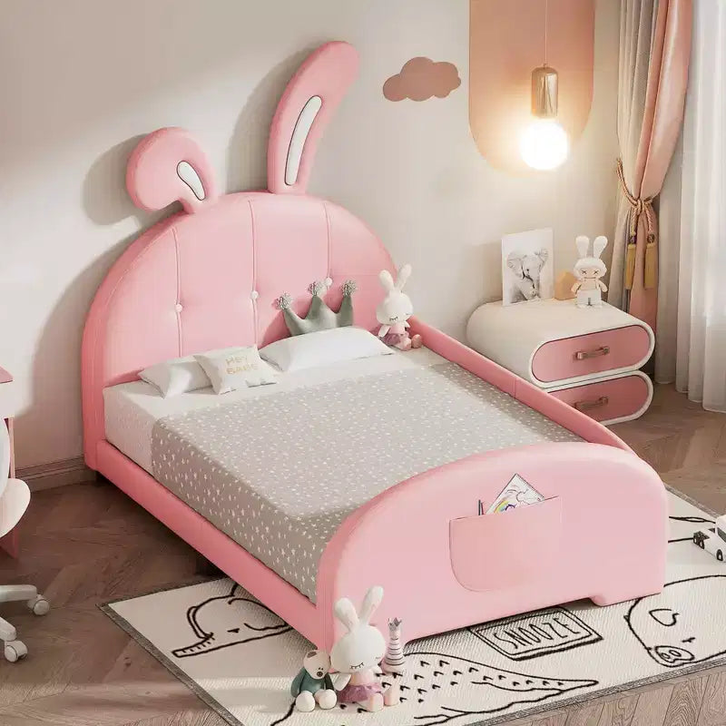 MAYEERTY Twin Size Upholatered Rabbit Shaped Princess Bed with Headboard and Footboard Pink
