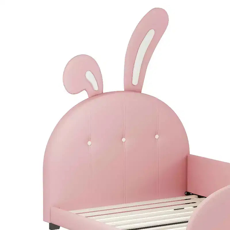 Lit de princesse rembourré en forme de lapin avec tête et pied de lit rose, taille double