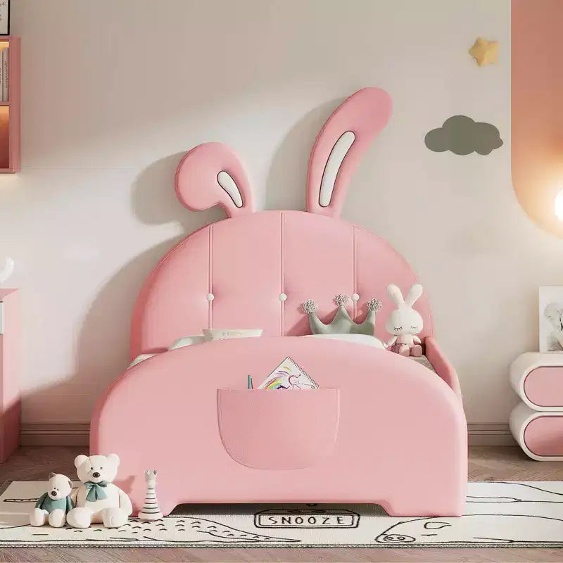 Lit de princesse rembourré en forme de lapin avec tête et pied de lit rose, taille double