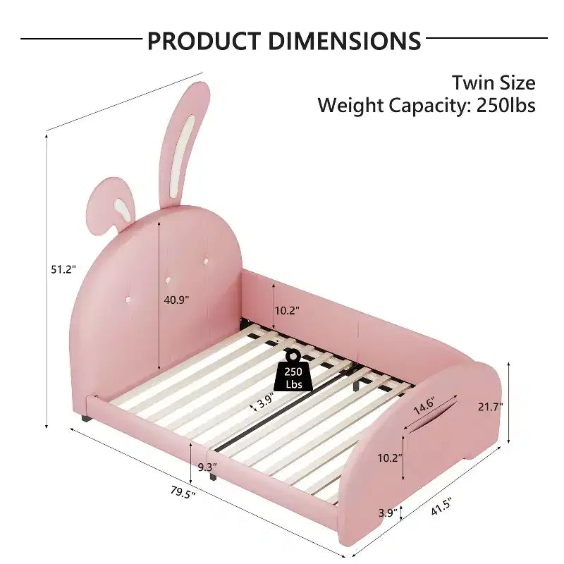 Lit de princesse rembourré en forme de lapin avec tête et pied de lit rose, taille double