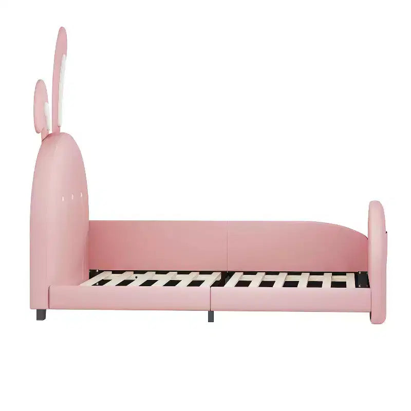 Lit de princesse rembourré en forme de lapin avec tête et pied de lit rose, taille double