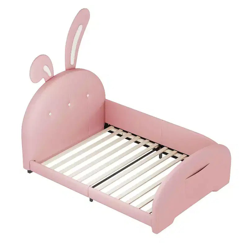 Lit de princesse rembourré en forme de lapin avec tête et pied de lit rose, taille double