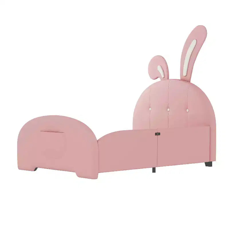 Lit de princesse rembourré en forme de lapin avec tête et pied de lit rose, taille double