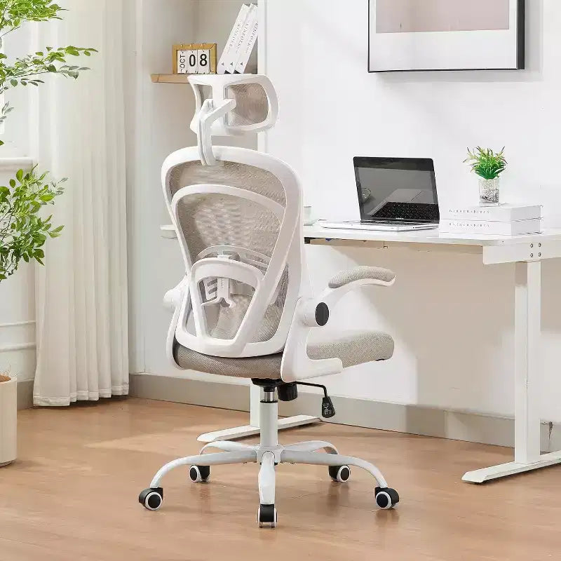 Chaise de bureau ergonomique avec accoudoirs relevables, siège large en maille, soutien lombaire, chaise de bureau pour chambre à coucher ou bureau