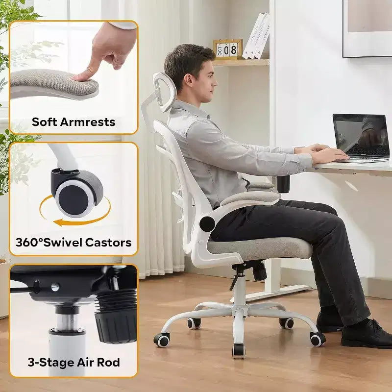 Chaise de bureau ergonomique avec accoudoirs relevables, siège large en maille, soutien lombaire, chaise de bureau pour chambre à coucher ou bureau