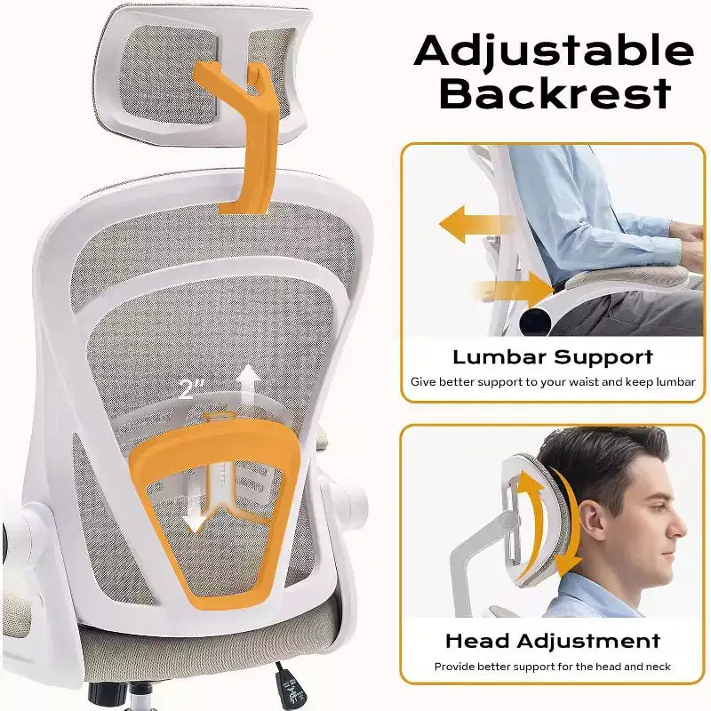 Chaise de bureau ergonomique avec accoudoirs relevables, siège large en maille, soutien lombaire, chaise de bureau pour chambre à coucher ou bureau