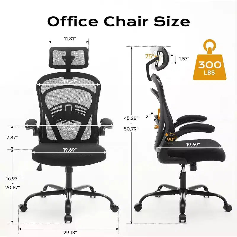 Chaise de bureau ergonomique avec accoudoirs relevables, siège large en maille, soutien lombaire, chaise de bureau pour chambre à coucher ou bureau