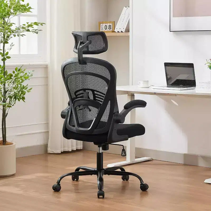 Chaise de bureau ergonomique avec accoudoirs relevables, siège large en maille, soutien lombaire, chaise de bureau pour chambre à coucher ou bureau