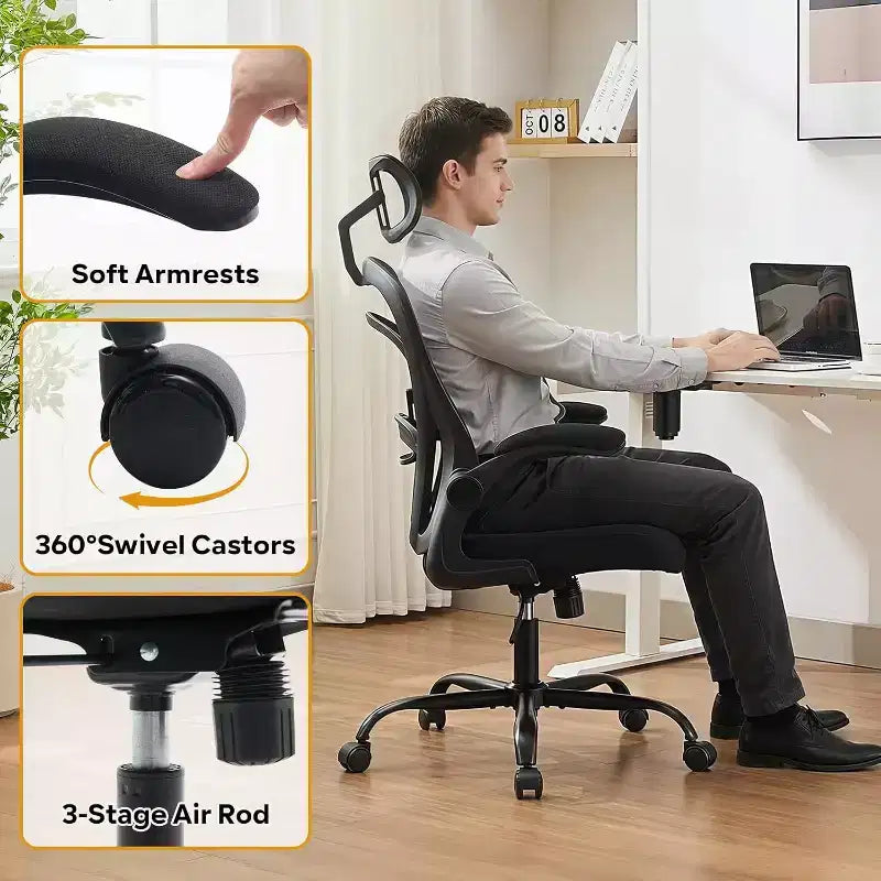 Chaise de bureau ergonomique avec accoudoirs relevables, siège large en maille, soutien lombaire, chaise de bureau pour chambre à coucher ou bureau