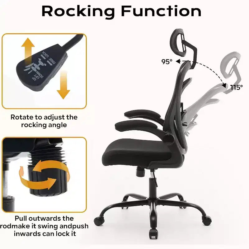 Chaise de bureau ergonomique avec accoudoirs relevables, siège large en maille, soutien lombaire, chaise de bureau pour chambre à coucher ou bureau
