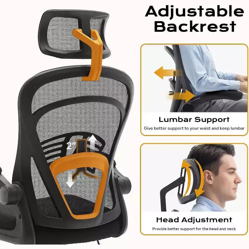 Chaise de bureau ergonomique avec accoudoirs relevables, siège large en maille, soutien lombaire, chaise de bureau pour chambre à coucher ou bureau