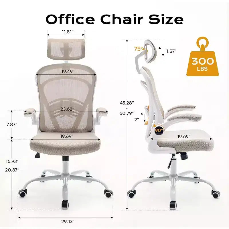 Chaise de bureau ergonomique avec accoudoirs relevables, siège large en maille, soutien lombaire, chaise de bureau pour chambre à coucher ou bureau
