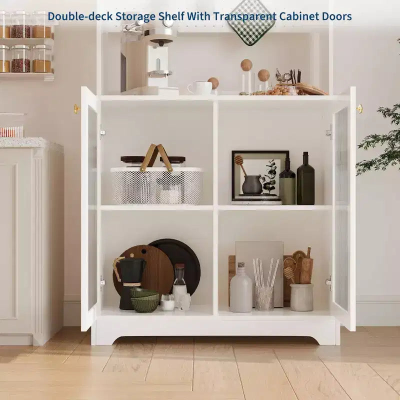 Armoire de rangement haute pour garde-manger avec 2 portes vitrées, meuble de rangement de cuisine autonome avec 7 compartiments de rangement et étagères réglables