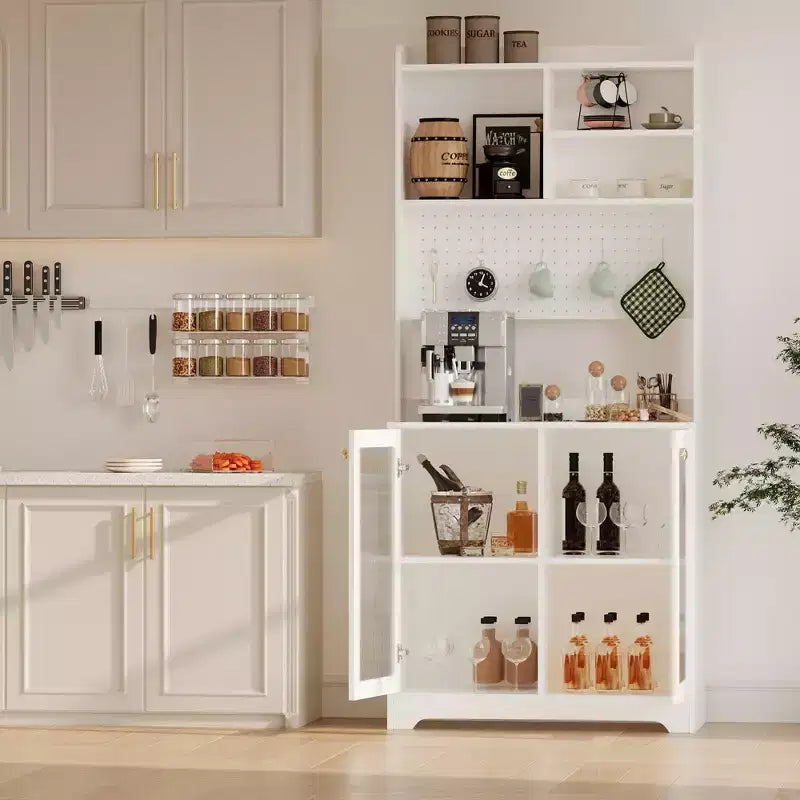 Armoire de rangement haute pour garde-manger avec 2 portes vitrées, meuble de rangement de cuisine autonome avec 7 compartiments de rangement et étagères réglables
