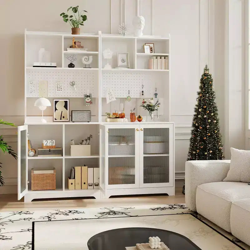 Armoire de rangement haute pour garde-manger avec 2 portes vitrées, meuble de rangement de cuisine autonome avec 7 compartiments de rangement et étagères réglables