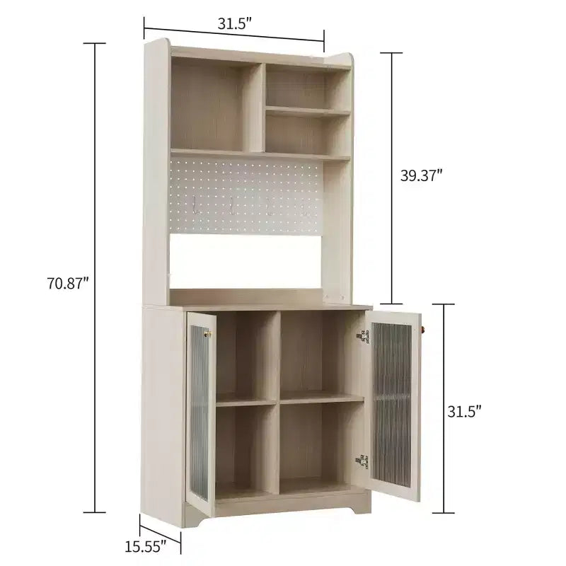 Armoire de rangement haute pour garde-manger avec 2 portes vitrées, meuble de rangement de cuisine autonome avec 7 compartiments de rangement et étagères réglables