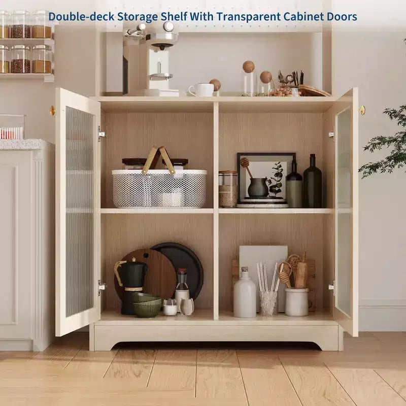 Armoire de rangement haute pour garde-manger avec 2 portes vitrées, meuble de rangement de cuisine autonome avec 7 compartiments de rangement et étagères réglables