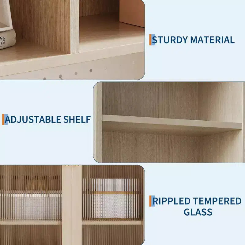 Armoire de rangement haute pour garde-manger avec 2 portes vitrées, meuble de rangement de cuisine autonome avec 7 compartiments de rangement et étagères réglables