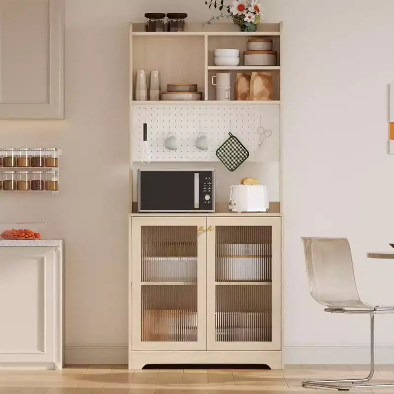 Armoire de rangement haute pour garde-manger avec 2 portes vitrées, meuble de rangement de cuisine autonome avec 7 compartiments de rangement et étagères réglables