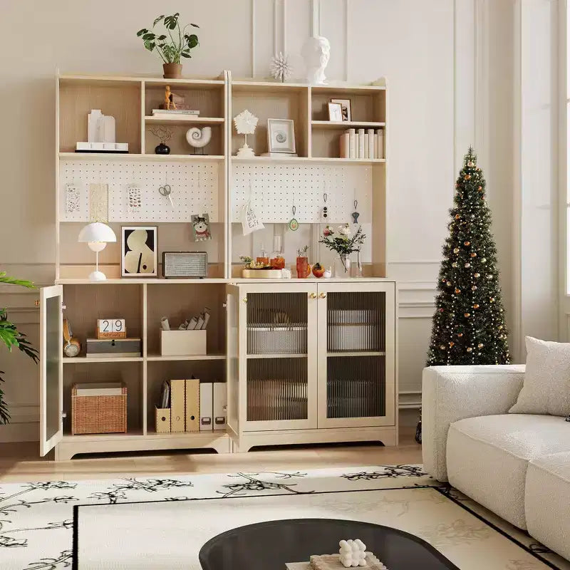 Armoire de rangement haute pour garde-manger avec 2 portes vitrées, meuble de rangement de cuisine autonome avec 7 compartiments de rangement et étagères réglables