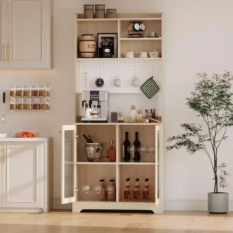 GustoWave 71 Tall Pantry Cabinet with 2 Glass Doors, Freestanding Kitchen Storage Cabinet with 7 Storage Blocks &amp; Adjustable Shelves