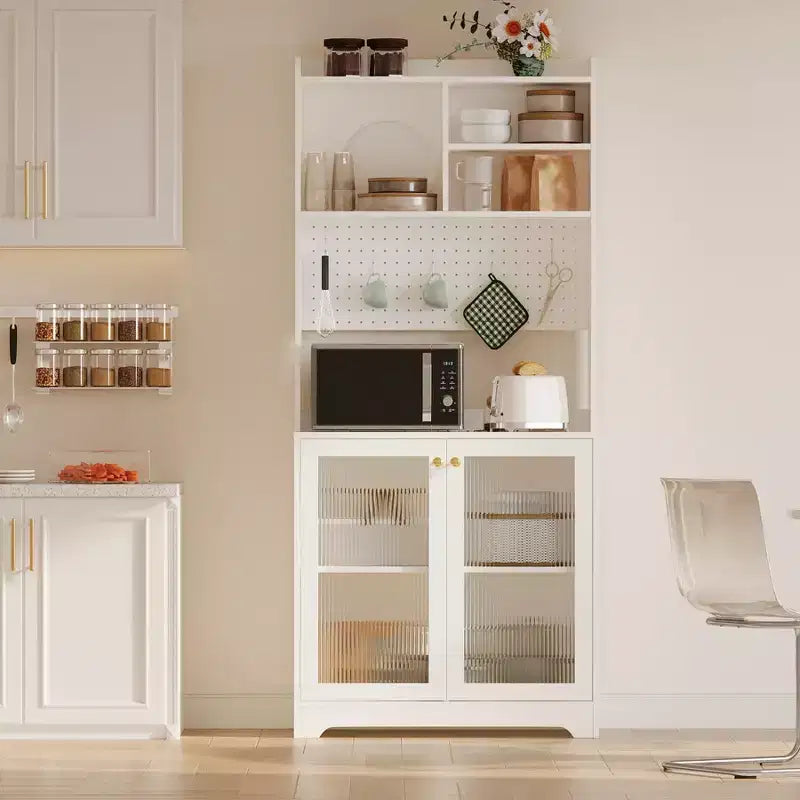 Armoire de rangement haute pour garde-manger avec 2 portes vitrées, meuble de rangement de cuisine autonome avec 7 compartiments de rangement et étagères réglables
