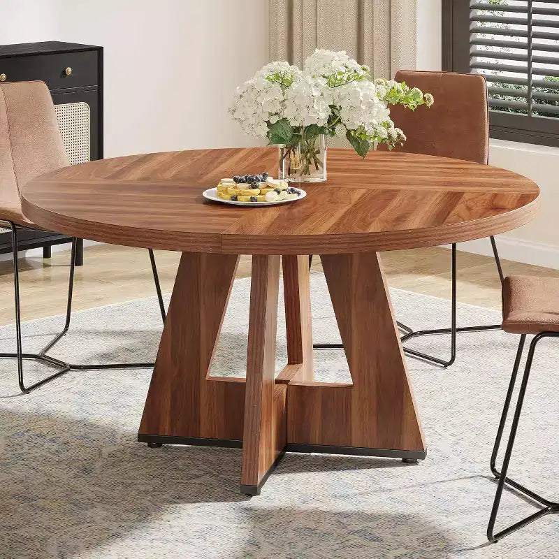 Table de salle à manger ronde de style campagnard avec base en bois, convient aux cuisines, salles à manger et salons, marron.