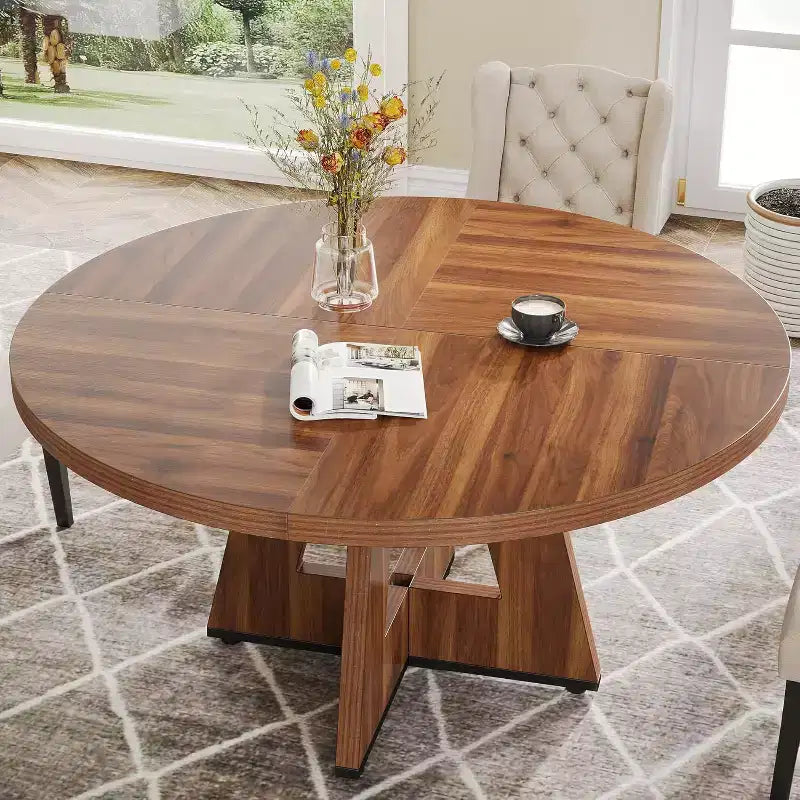 Table de salle à manger ronde de style campagnard avec base en bois, convient aux cuisines, salles à manger et salons, marron.