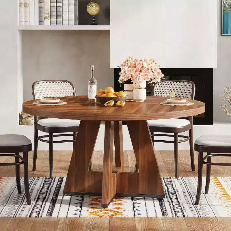 Table de salle à manger ronde de style campagnard avec base en bois, convient aux cuisines, salles à manger et salons, marron.