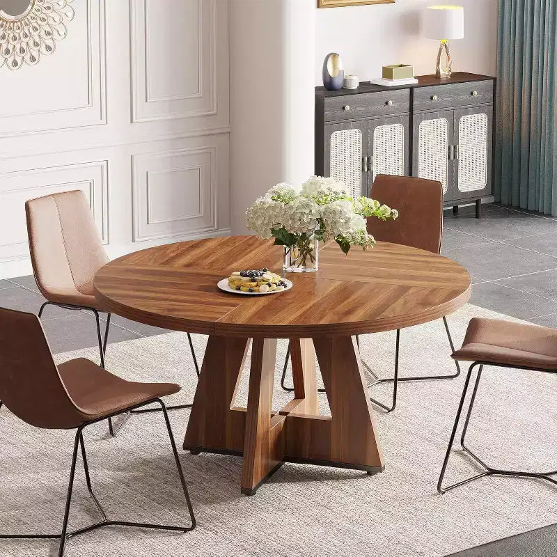 Table de salle à manger ronde de style campagnard avec base en bois, convient aux cuisines, salles à manger et salons, marron.