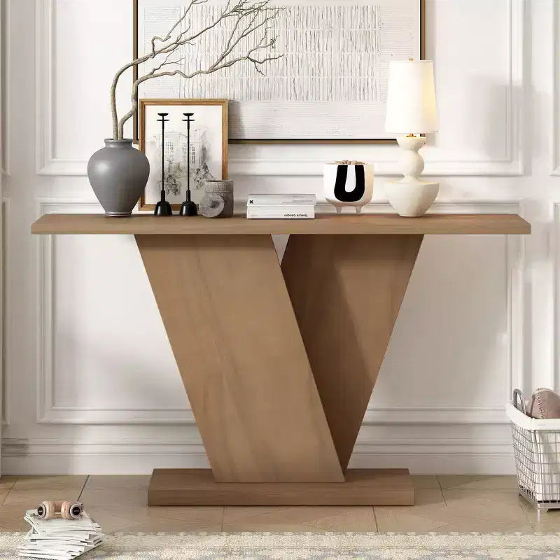 Console d'entrée à base en V, table de couloir décorative, table de canapé étroite, fabriquée en placage de bois naturel, classique et polyatile.