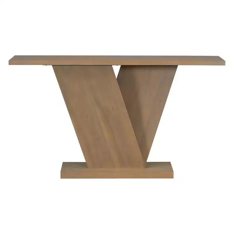 Console d'entrée à base en V, table de couloir décorative, table de canapé étroite, fabriquée en placage de bois naturel, classique et polyatile.
