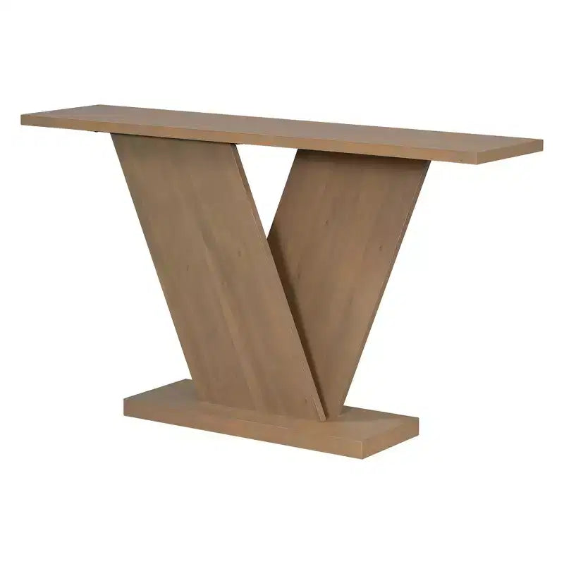 Console d'entrée à base en V, table de couloir décorative, table de canapé étroite, fabriquée en placage de bois naturel, classique et polyatile.