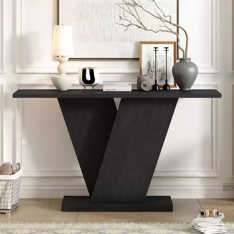 Console d'entrée à base en V, table de couloir décorative, table de canapé étroite, fabriquée en placage de bois naturel, classique et polyatile.