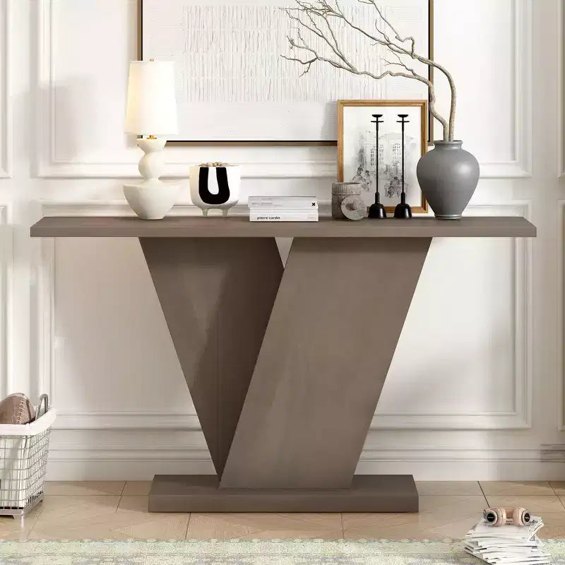 Console d'entrée à base en V, table de couloir décorative, table de canapé étroite, fabriquée en placage de bois naturel, classique et polyatile.
