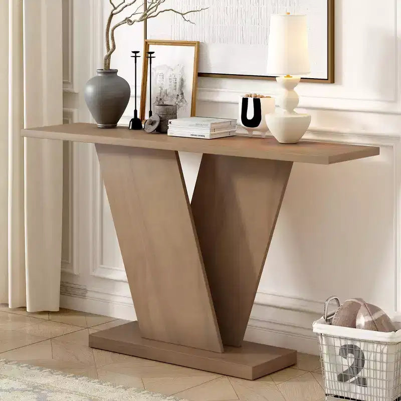 Console d'entrée à base en V, table de couloir décorative, table de canapé étroite, fabriquée en placage de bois naturel, classique et polyatile.