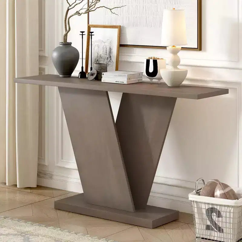 Console d'entrée à base en V, table de couloir décorative, table de canapé étroite, fabriquée en placage de bois naturel, classique et polyatile.